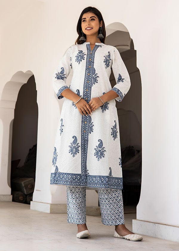 White Blue Organic Cotton Straight A Kurta with Pockets