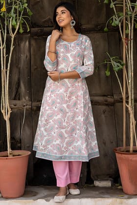White Pink Organic Cotton A-line Kurta with Pockets White Pink Organic Cotton A-line Kurta with Pockets