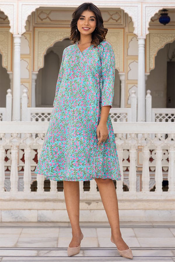 Green Pink Angrakha Organic Cotton Dress
