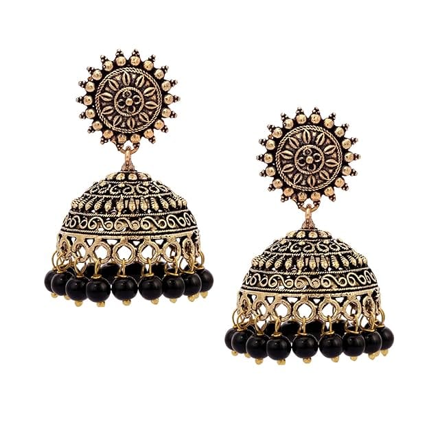 "Stunning Oxidized Gold Plated Chandbali Earrings with Black Beads for Women"