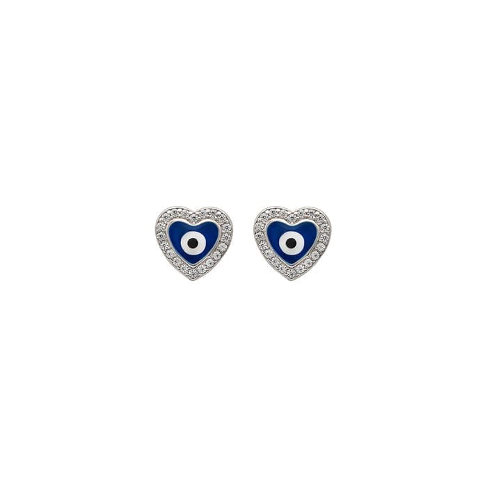 Silver Blue Heart Evil Eye Stud