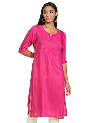 Pink Rayon Embroidered A-Line Kurta with Round Neck and 3/4th Sleeves