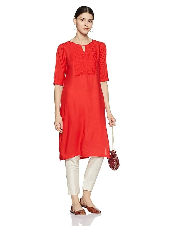 Red Rayon Embroidered A-Line Kurta with Round Neck and 3/4th Sleeves