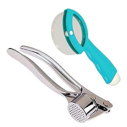 GLOBAL IMPEX 2-in-1 Kitchen Tool Set – Stainless Steel Garlic Crusher & Sharp Pizza Cutter with Plastic Handle – Manual Chopper & Slicer Combo for Home Use (Cyan Green, Pack of 2)