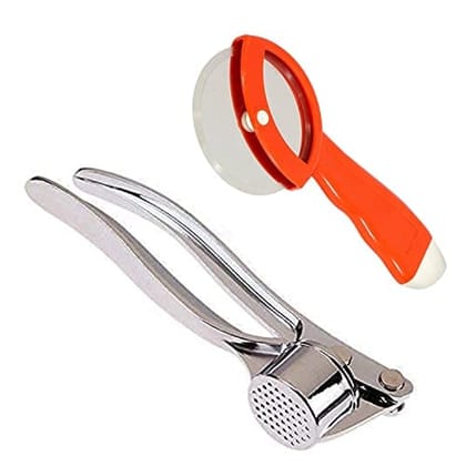 GLOBAL IMPEX 2-in-1 Kitchen Tool Set – Stainless Steel Garlic Crusher & Sharp Pizza Cutter with Plastic Handle – Manual Chopper & Slicer Combo for Home Use (Red, Pack of 2)