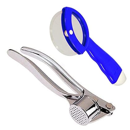 GLOBAL IMPEX 2-in-1 Kitchen Tool Set – Stainless Steel Garlic Crusher & Sharp Pizza Cutter with Plastic Handle – Manual Chopper & Slicer Combo for Home Use (Blue, Pack of 2)