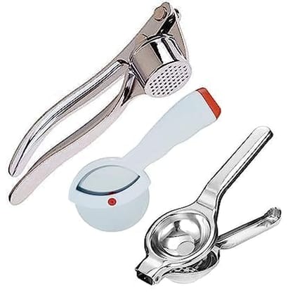 NEWWAY Combo of Stainless Steel Garlic Crusher, Lemon Squeezer with Bottle Opener and Pizza Cutter with Plastic Handle Combo Comfortable Handle Kitchen