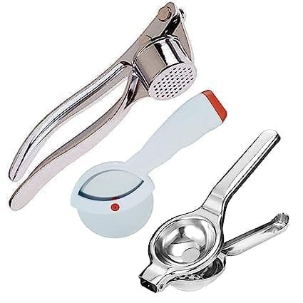NEWWAY Combo of Stainless Steel Garlic Crusher, Lemon Squeezer with Bottle Opener and Pizza Cutter with Plastic Handle Combo Comfortable Handle Kitchen