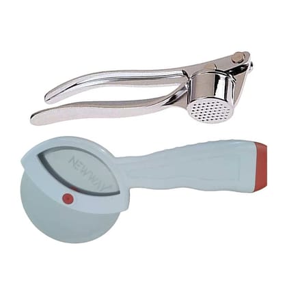 GLOBAL IMPEX 2-in-1 Kitchen Tool Set – Stainless Steel Garlic Crusher & Sharp Pizza Cutter with Plastic Handle – Manual Chopper & Slicer Combo for Home Use (White, Pack of 2)