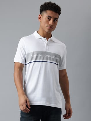 Men White Striped Regular Fit Polo Neck T-Shirt