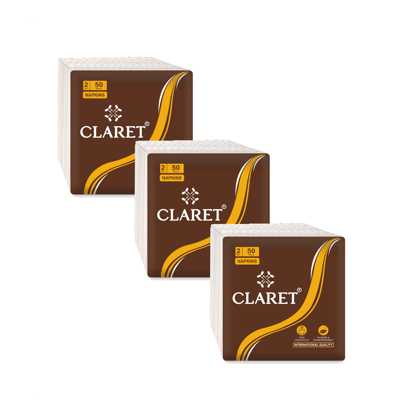 Claret 2-Ply Soft & Absorbent Napkins 30x30 cm, 100 Sheets (50 Pulls) – Eco-Friendly, Durable and Hygienic Napkins, Pack of 3 Claret 2-Ply Soft & Absorbent Napkins 30x30 cm, 100 Sheets (50 Pulls) – Eco-Friendly, Durable and Hygienic Napkins, Pack of 3