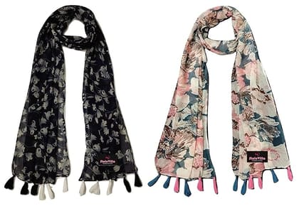 Women's Floral Printed Chiffon Scarf with Tassels (Pack of 2) Women's Floral Printed Chiffon Scarf with Tassels (Pack of 2)
