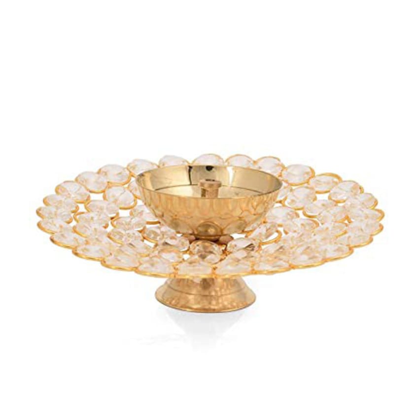 Brass Akhand Diya Oil Lamp for Puja - Large Round Crystal