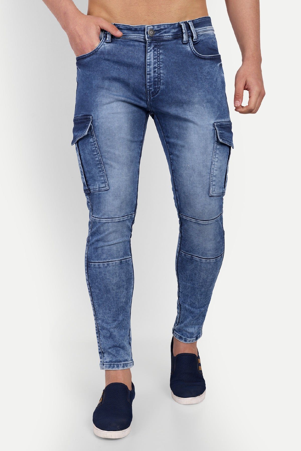 Men's Blue Slim Fit Solid Cargo Jeans
