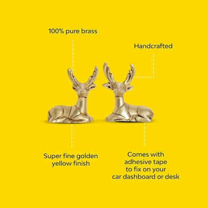 A pair of handcrafted 100% pure brass deer figurines with super fine golden yellow finish, comes with adhesive tape to fix on your car dashboard or desk pack of 2 A pair of handcrafted 100% pure brass deer figurines with super fine golden yellow finish, comes with adhesive tape to fix on your car dashboard or desk pack of 2