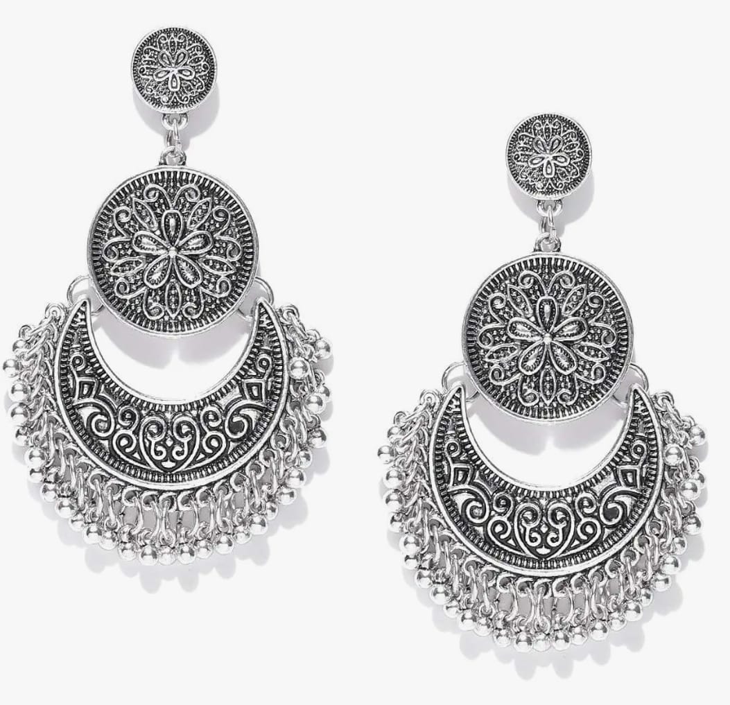 Oxidized silver-plated handcrafted crescent moon shape earrings