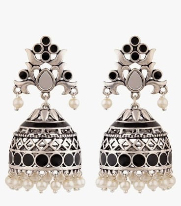 Black Jhumka Earrings with Pearls and Silver Accents Black Jhumka Earrings with Pearls and Silver Accents