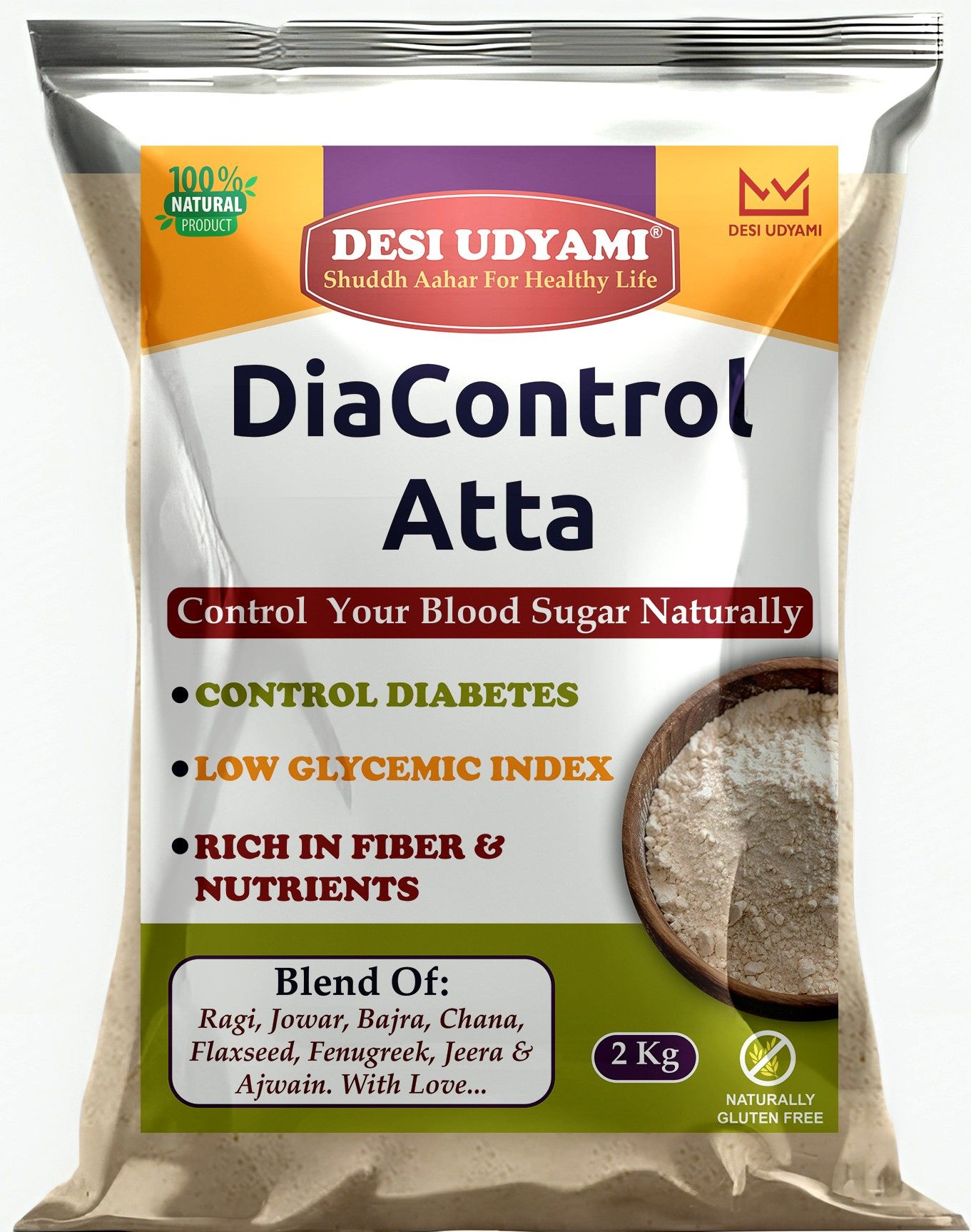 Desi Udyami's Dia-Control Atta: A Sugar-Free Multigrain Flour for Healthy Living  | DiaControl Multigrain Atta for Diabetes Care | Low Glycemic, High Fiber Flour | Natural Ingredients for Healthy Blood Sugar 2 Kg