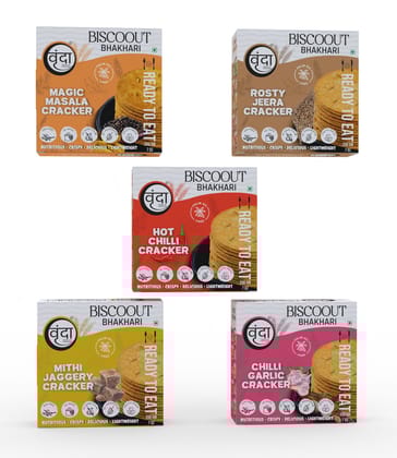 Vrunda Palm Oil Free Roasted Bhakhari |Jeera, Masala, Hot Chilli, Chilli Garlic & Jaggery |Snacks |Pack of 5(200Gm each) Vrunda Palm Oil Free Roasted Bhakhari |Jeera, Masala, Hot Chilli, Chilli Garlic & Jaggery |Snacks |Pack of 5(200Gm each)