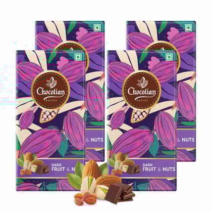 Chocolian Bakers Fruit & Nut Dark Chocolate Bar - Pack Of 4 | 100% Veg | Eggless | Chocolian Bakers Fruit & Nut Dark Chocolate Bar - Pack Of 4 | 100% Veg | Eggless |