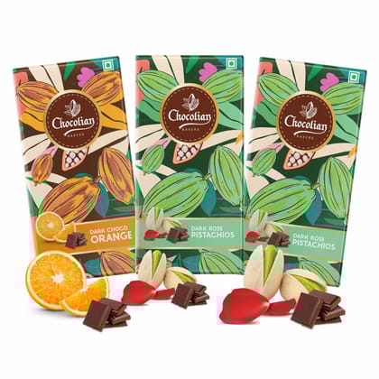 Chocolian Bakers Dark Rose Pistachio(Pack Of 2) & Dark Orange(Pack Of 1) Chocolate Bar | 100% Veg | Eggless |
