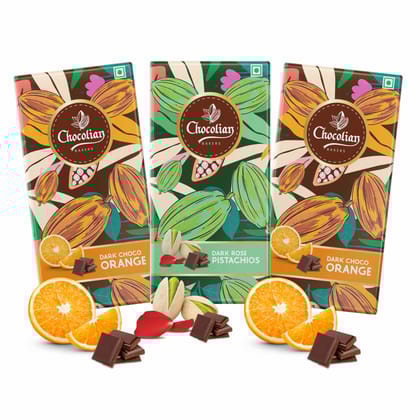 Chocolian Bakers Dark Orange Chocolate (Pack of 2) & Dark Chocolate with Rose Pistachio(Pack of 1) Chocolate Bar | Dark Chocolate | 100% Veg | Eggless | Chocolian Bakers Dark Orange Chocolate (Pack of 2) & Dark Chocolate with Rose Pistachio(Pack of 1) Chocolate Bar | Dark Chocolate | 100% Veg | Eggless |
