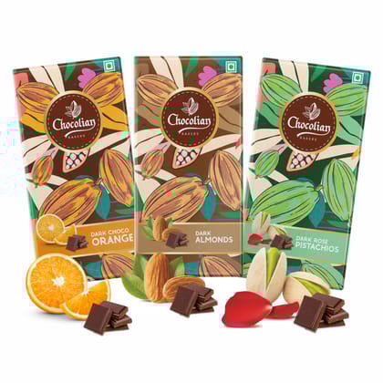 Chocolian Bakers Dark Chocolate With Almond, Dark Chocolate With Rose & Pistachio, Dark Orange Chocolate | 100% Veg | Eggless | Chocolian Bakers Dark Chocolate With Almond, Dark Chocolate With Rose & Pistachio, Dark Orange Chocolate | 100% Veg | Eggless |