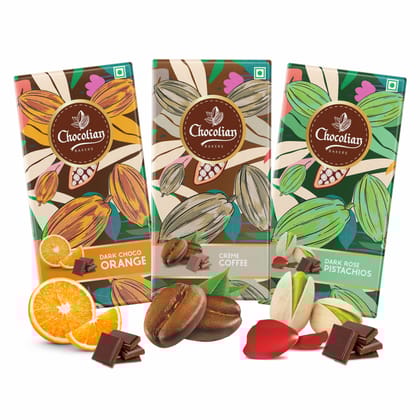 Chocolian Bakers Creame Coffee, Dark Rose Pistachio & Dark orange Chocolate Bar | Pack of 3 | 100% Veg | Eggless |