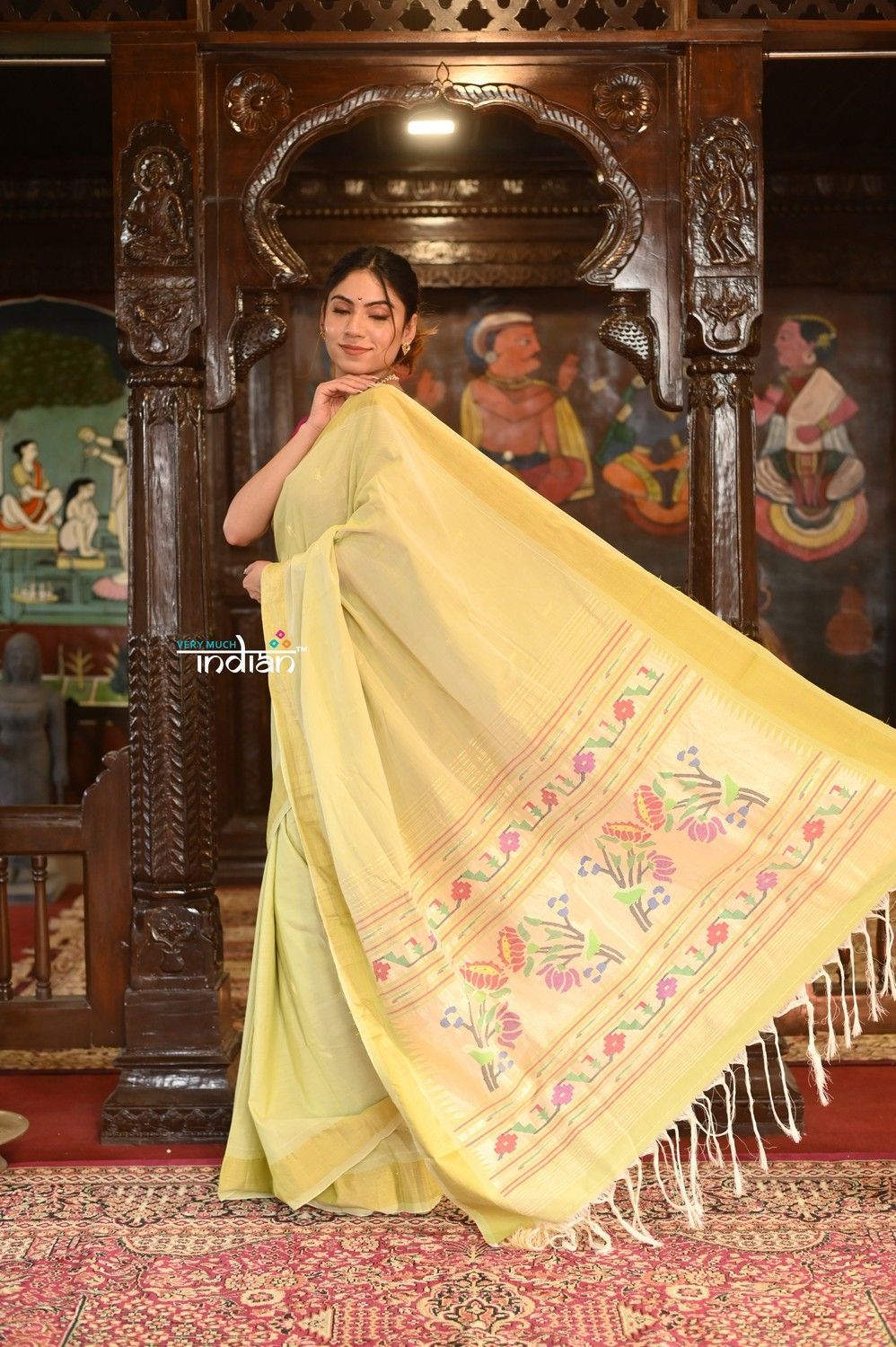 Authentic Handloom Pure Cotton Paithani With Handcrafted Asawali Pallu~ Summer Yellow
