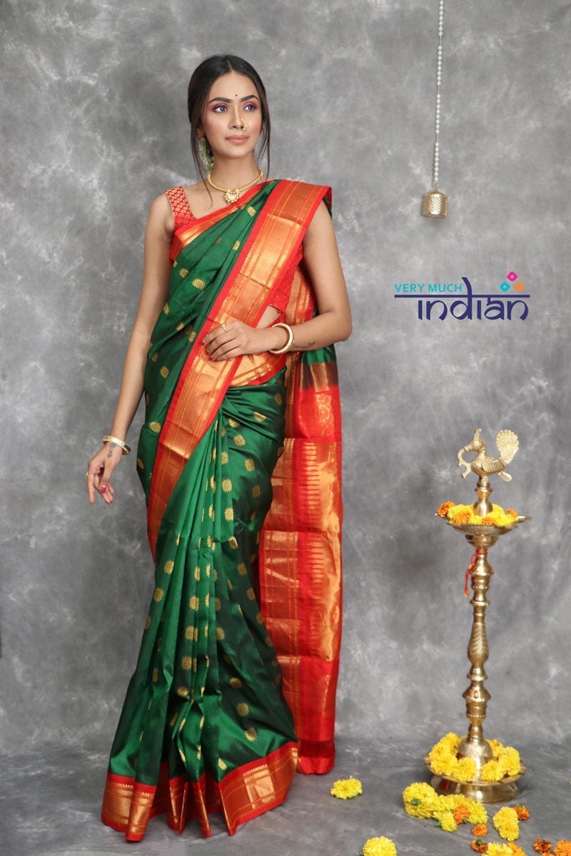 Rajsi~ Pure Silk Handloom Maharani Paithani - Deep Green with Red Border