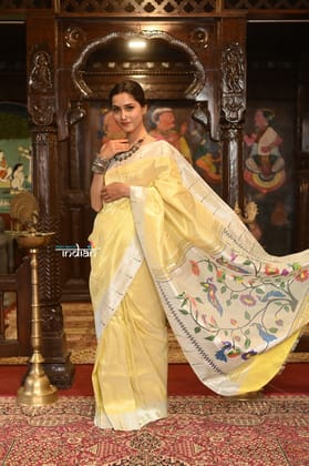Exclusive Muniya Border - Authentic Handloom Pure Silk Muniya Border Paithani With Peacock Pallu ~Tuscany Yellow