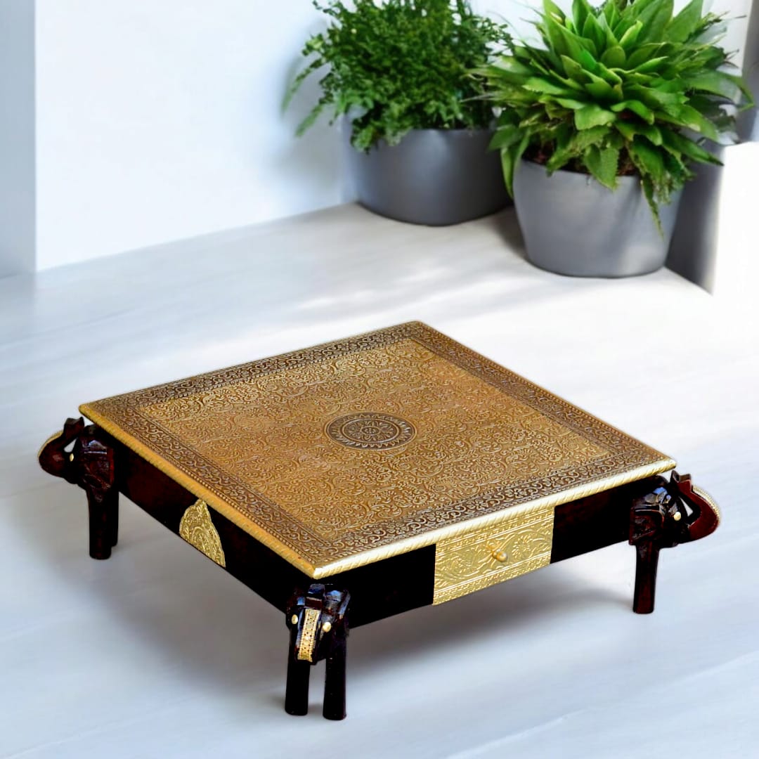 Handcrafted Wooden Coffee Table / pooja chowki with Brass Overlay and Elephant Base Size:- 15x15x6