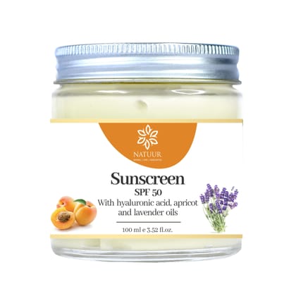 Natuur SPF 50 Sunscreen with Hydrating Hyaluronic Acid-100ml | For Anti-tan and Radiant Skin | Apricot & Lavender Oils with Hyaluronic Acid For Intense Sun Protection, Hydration & Glow | Lightweight & Non-Greasy Formula Natuur SPF 50 Sunscreen with Hydrating Hyaluronic Acid-100ml | For Anti-tan and Radiant Skin | Apricot & Lavender Oils with Hyaluronic Acid For Intense Sun Protection, Hydration & Glow | Lightweight & Non-Greasy Formula