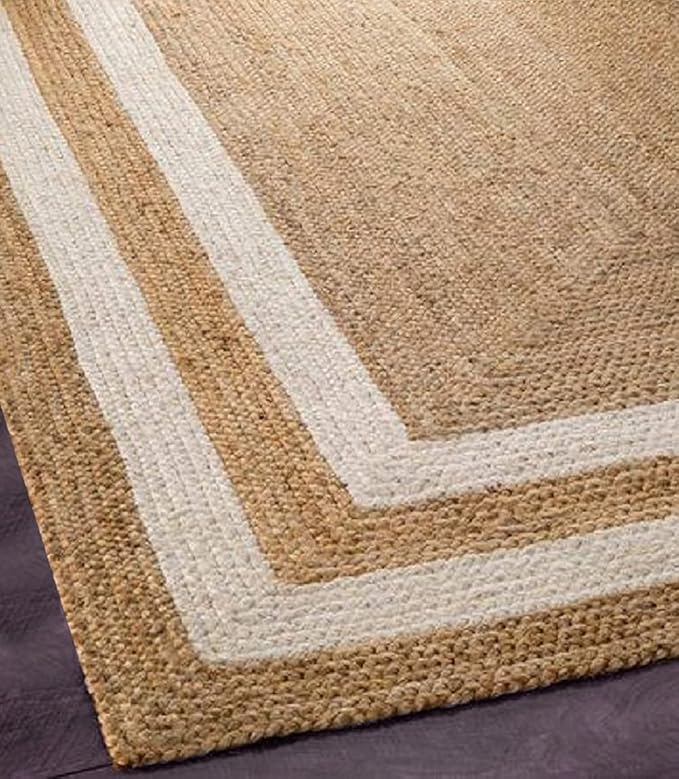 Handwoven Natural Jute Rug with Double White Border