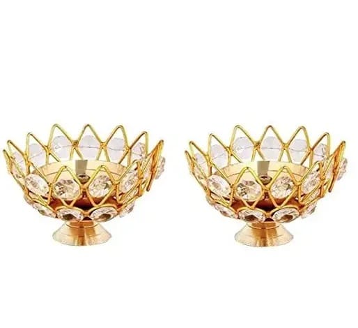 Brass with Crystal Lotus Diya for Home and Diwali Decoration Combo Set of 2 Pc