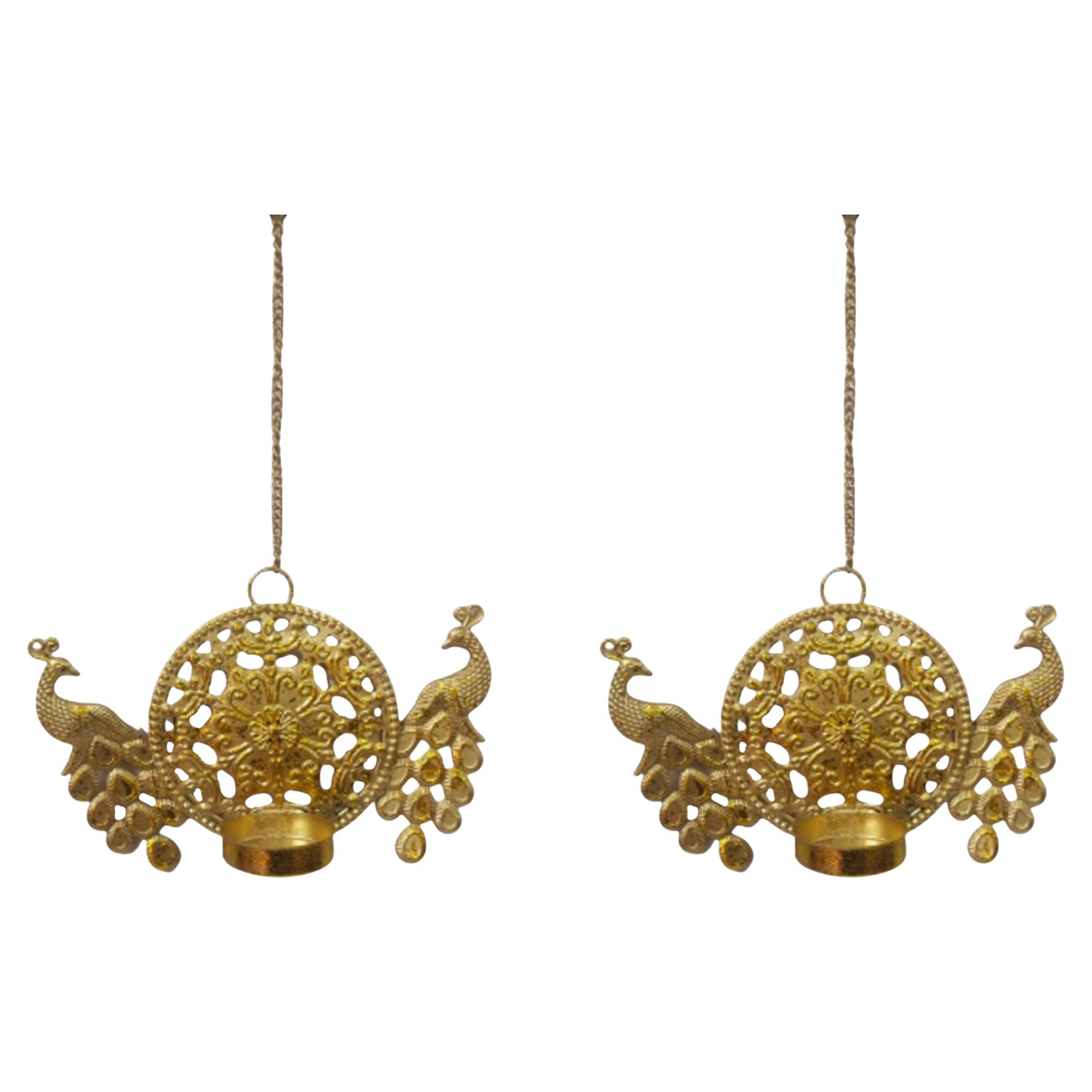 Gold Plated Peacock Metal Wall Hanging Diya or candle/Tealight Holder for Home Decor Set of 2 Pc