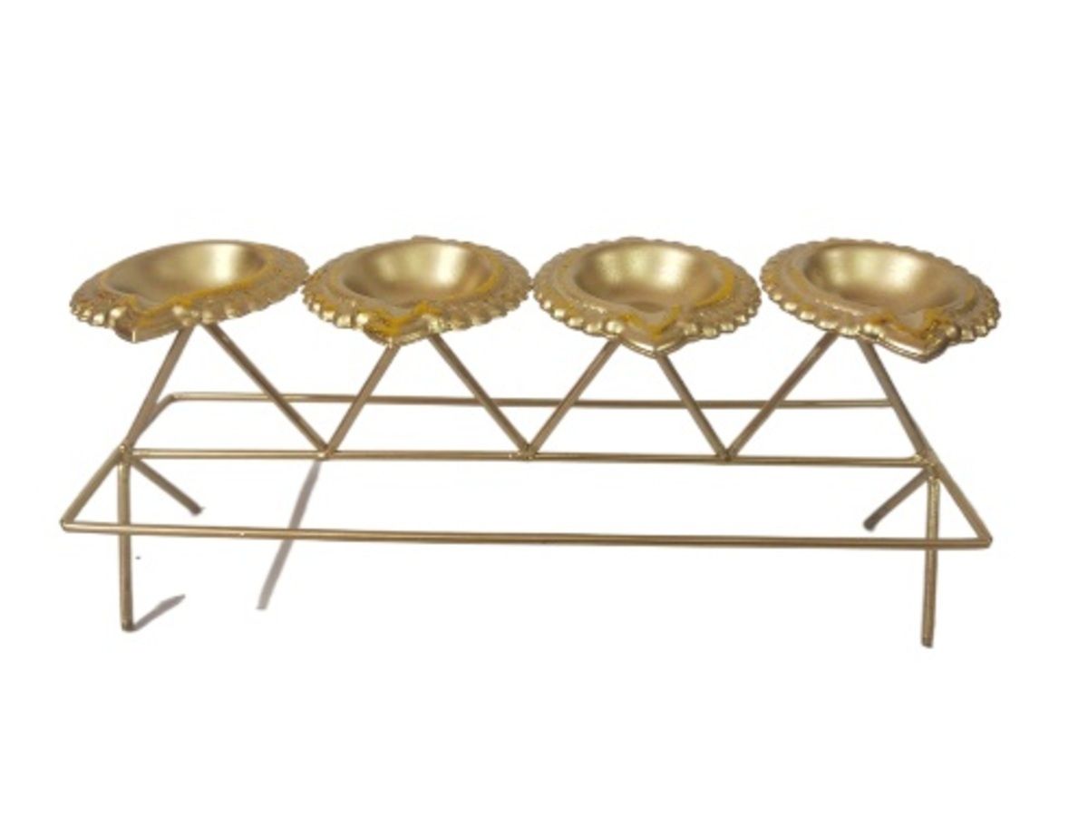 Gold Plated Metal Four Deepak Stand for Fastival or Diwali Decoration