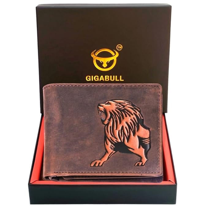 GIGABULL Vintage Genuine Leather Mens Wallet with Lion Embossed Design