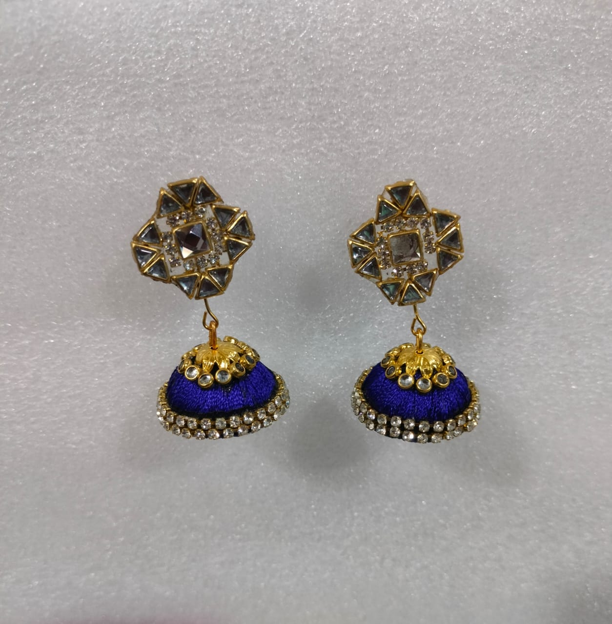 Blue Silk Thread Jhumka Earrings with Rhinestones