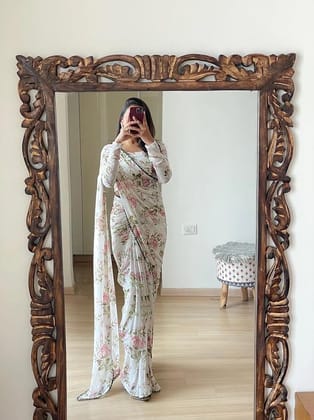 Buy Online White Floral Printed Saree With Blouse Buy Online White Floral Printed Saree With Blouse