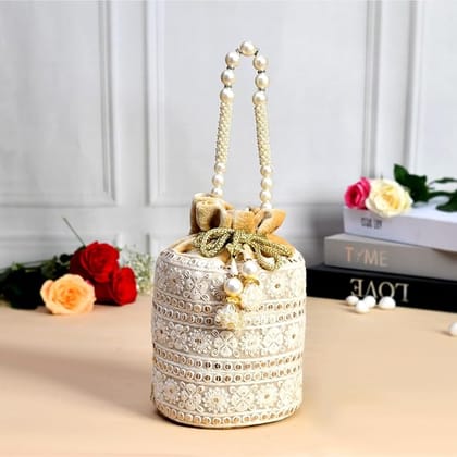 Pearl Beaded Cream Velvet Drawstring Potli Bag with Embroidery and Tassels Pearl Beaded Cream Velvet Drawstring Potli Bag with Embroidery and Tassels