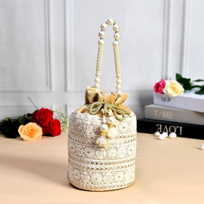 Pearl Beaded Cream Velvet Drawstring Potli Bag with Embroidery and Tassels