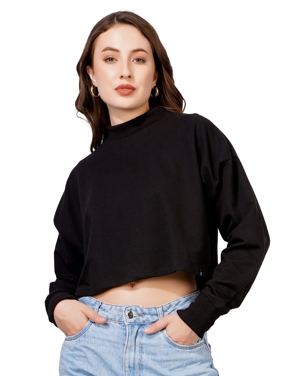 Women Full Sleeve Solid Sweatshirt (Black)