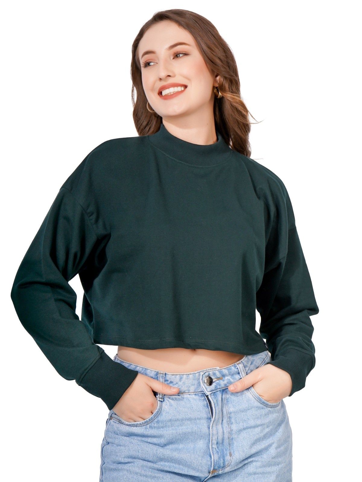 Women Full Sleeve Solid Sweatshirt (Bottle Green)