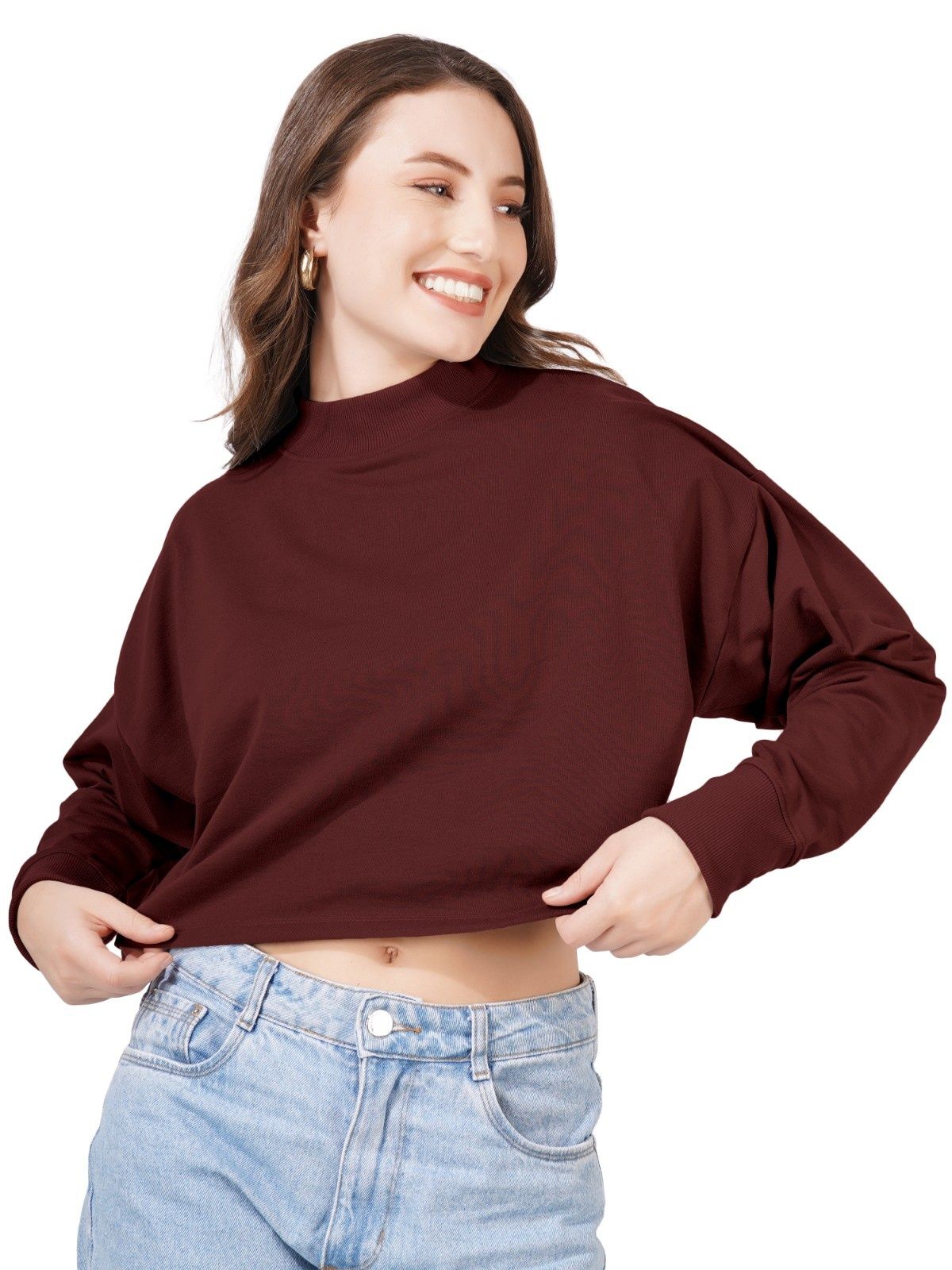 Women Full Sleeve Solid Sweatshirt (Wine)