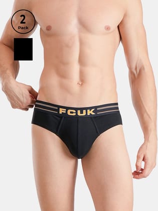 FCUK Flex Galdhawk, Men's Solid Briefs Pack of 2 - Jet Black