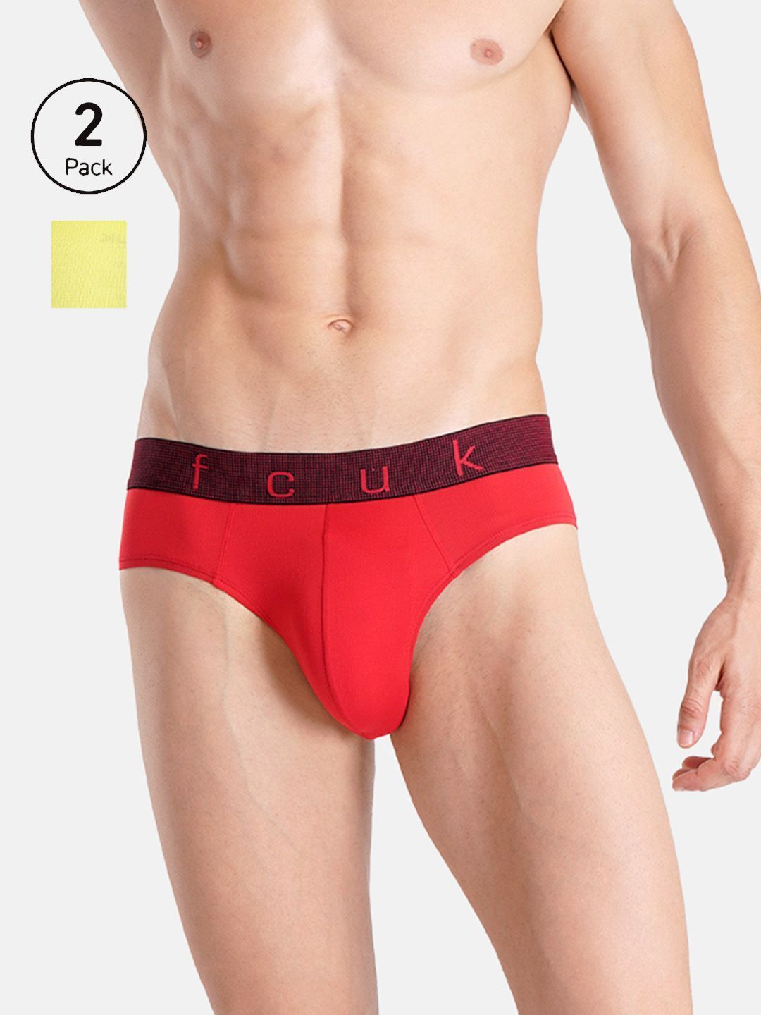 FCUK FLO Guston,Men's Mesh Briefs Pack of 2-Red-yellow