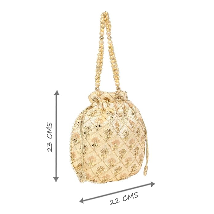 Exquisite Beaded Drawstring Potli Bag in Shimmering Champagne