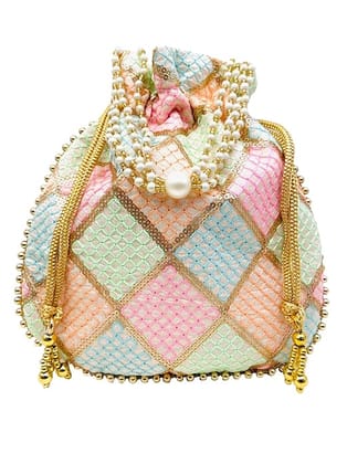 Potli Bag with Pearl and Sequin Embroidered Floral Design Potli Bag with Pearl and Sequin Embroidered Floral Design