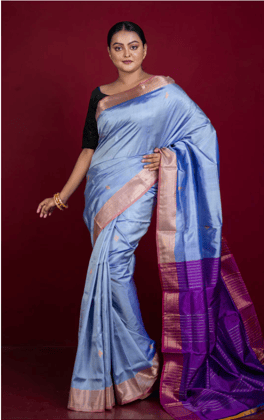 Light Blue Handloom Pure Silk Saree With Blouse Piece Online at Best Price in India